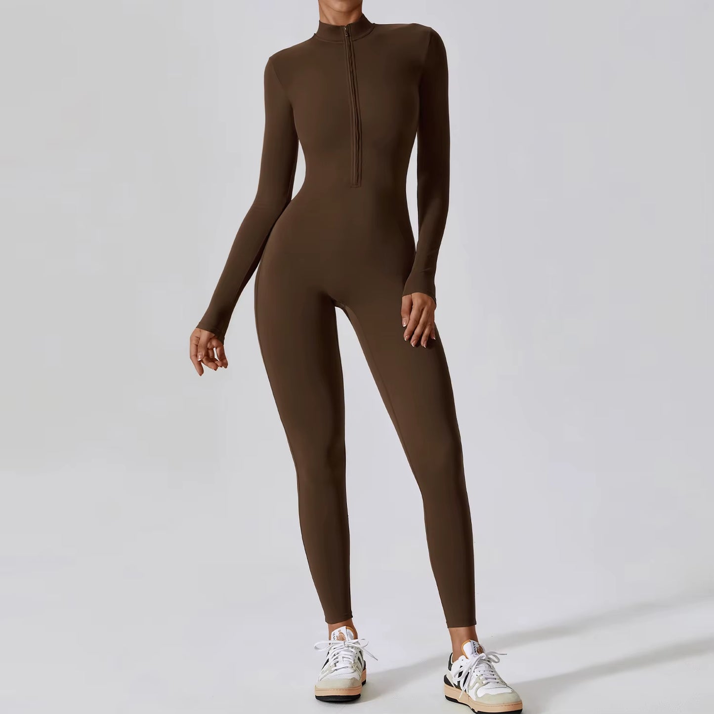 Chic Women’s Long Sleeve Jumpsuit - Zipper Yoga Fitness Bodysuit for Ultimate Workout Performance