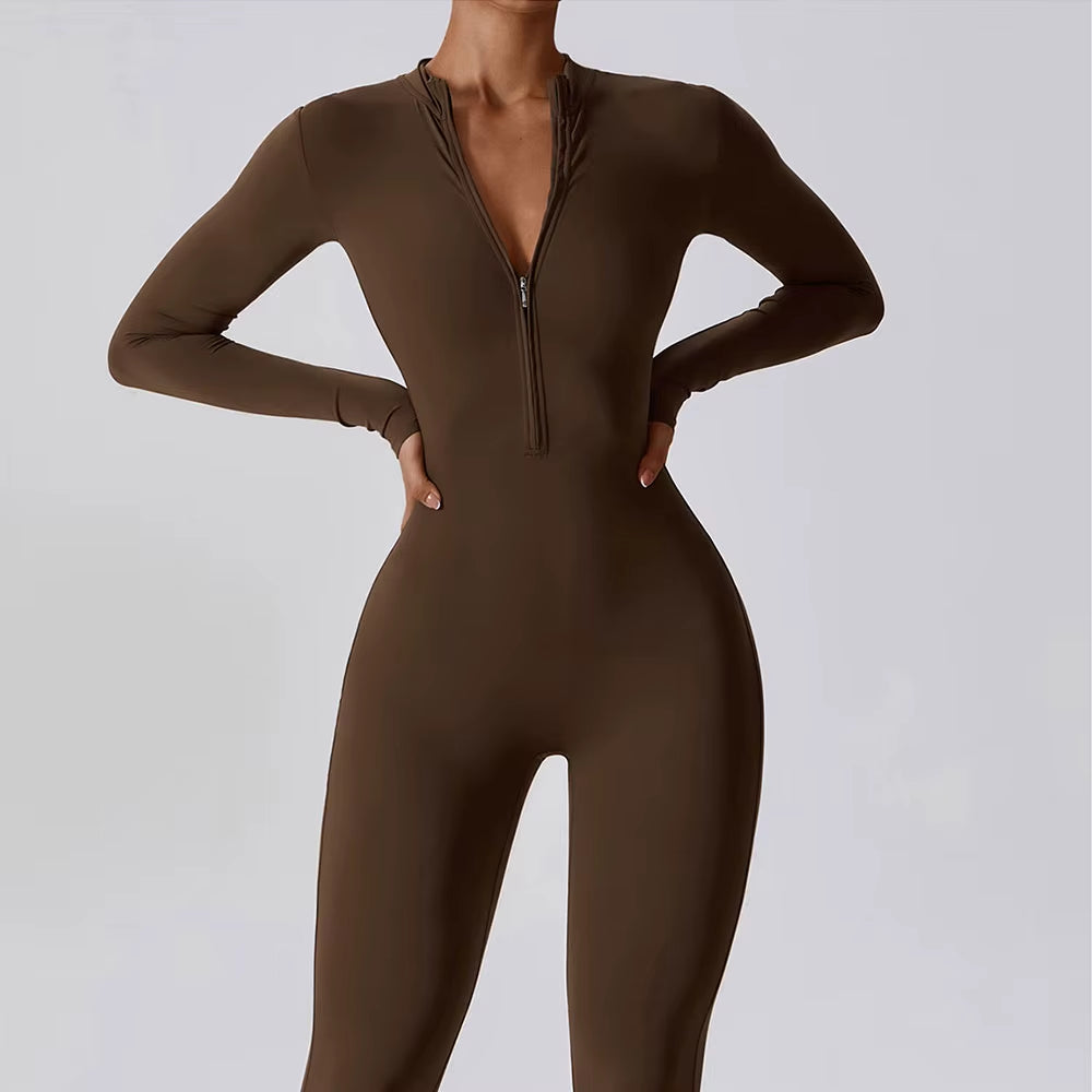 Chic Women’s Long Sleeve Jumpsuit - Zipper Yoga Fitness Bodysuit for Ultimate Workout Performance