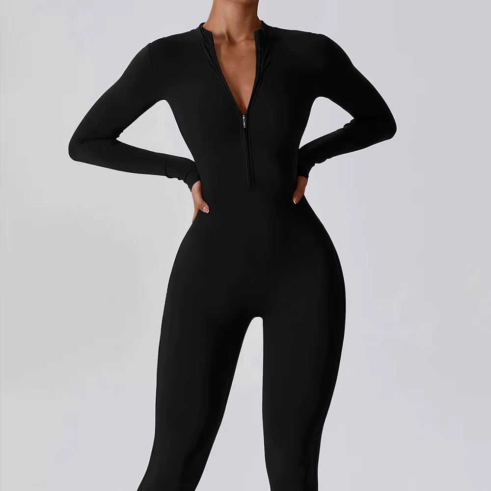 Chic Women’s Long Sleeve Jumpsuit - Zipper Yoga Fitness Bodysuit for Ultimate Workout Performance